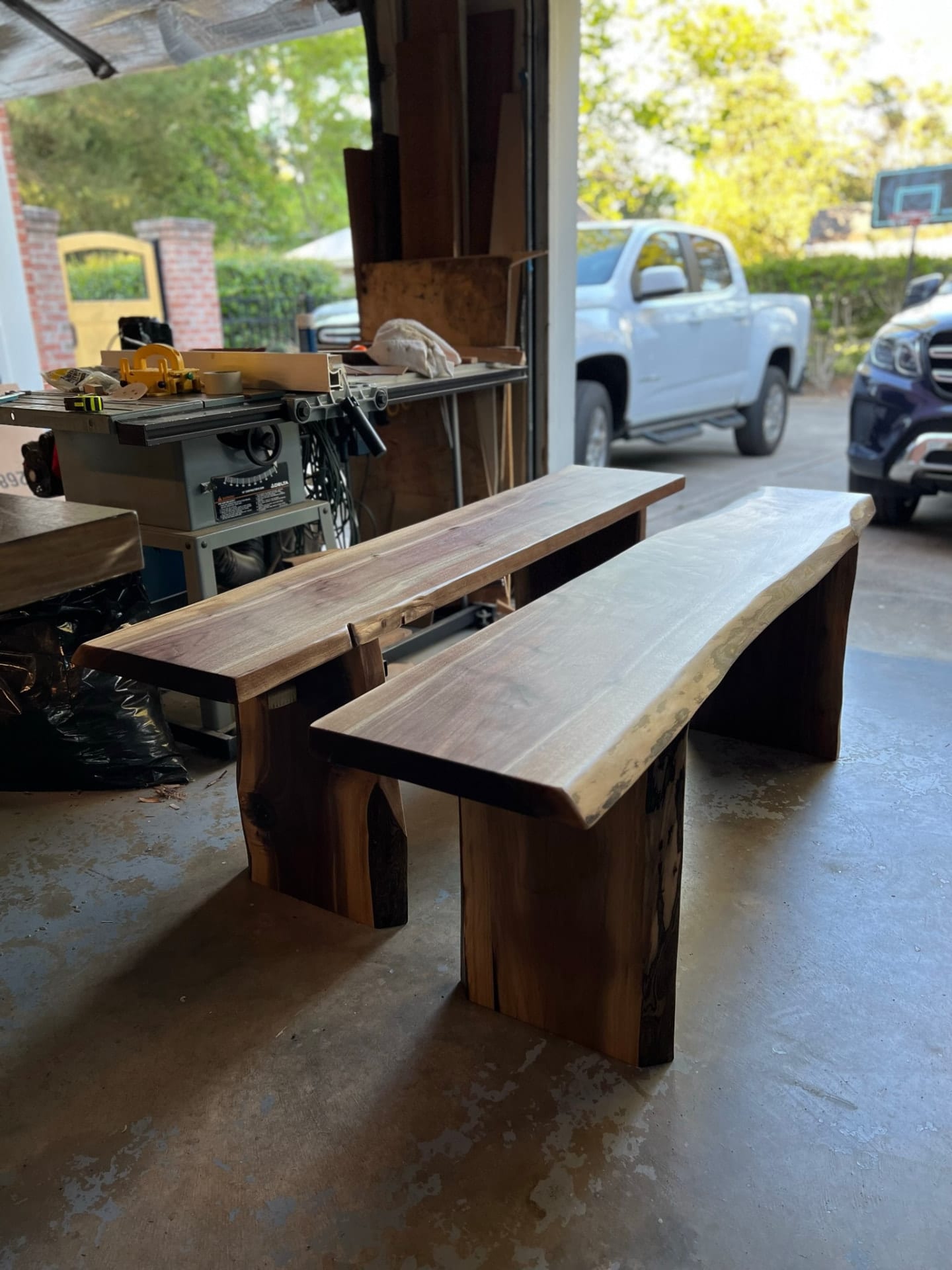 Live-edge walnut bench pair