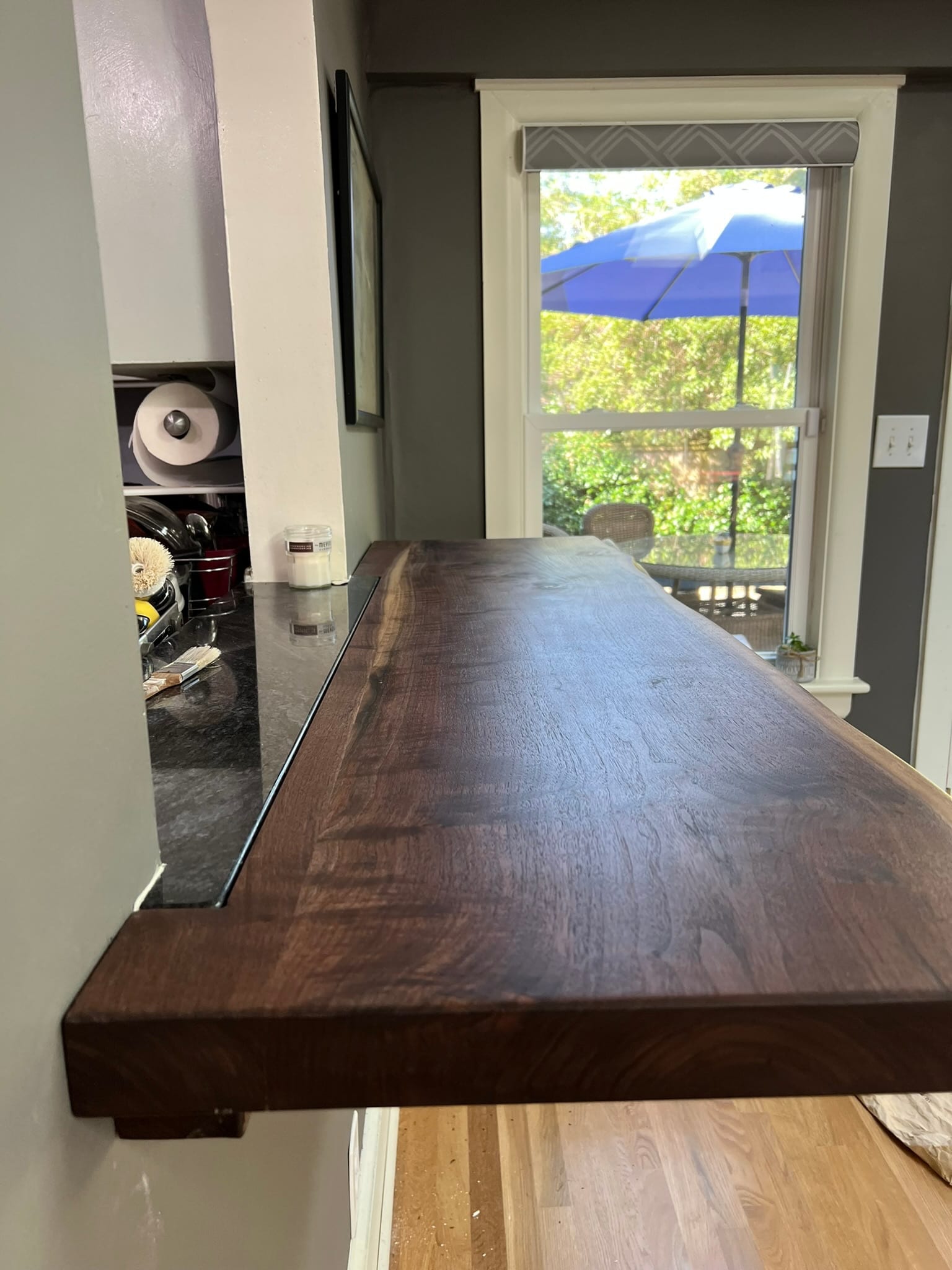 Live-edge walnut bar counter