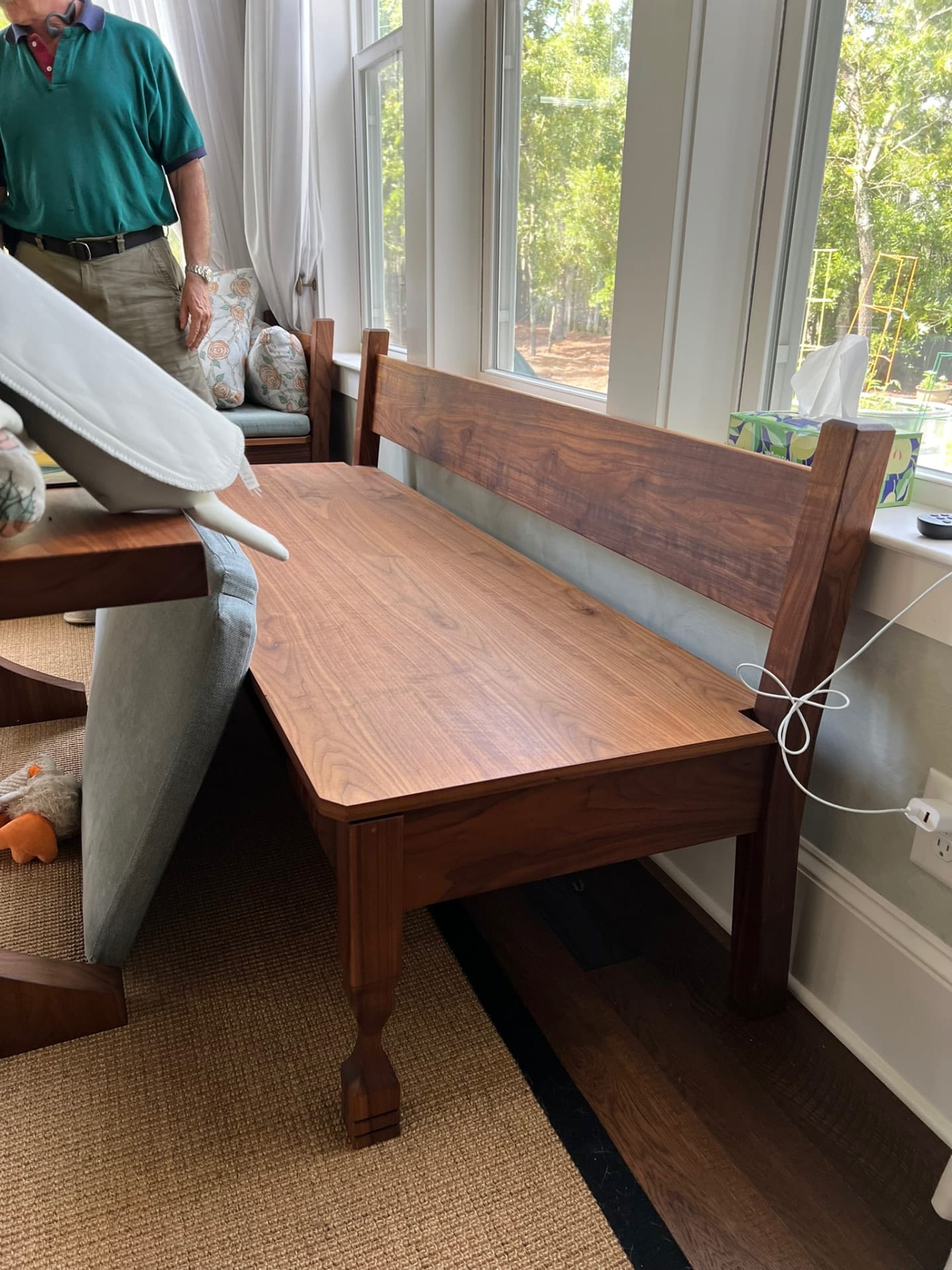 Walnut storage bench with back