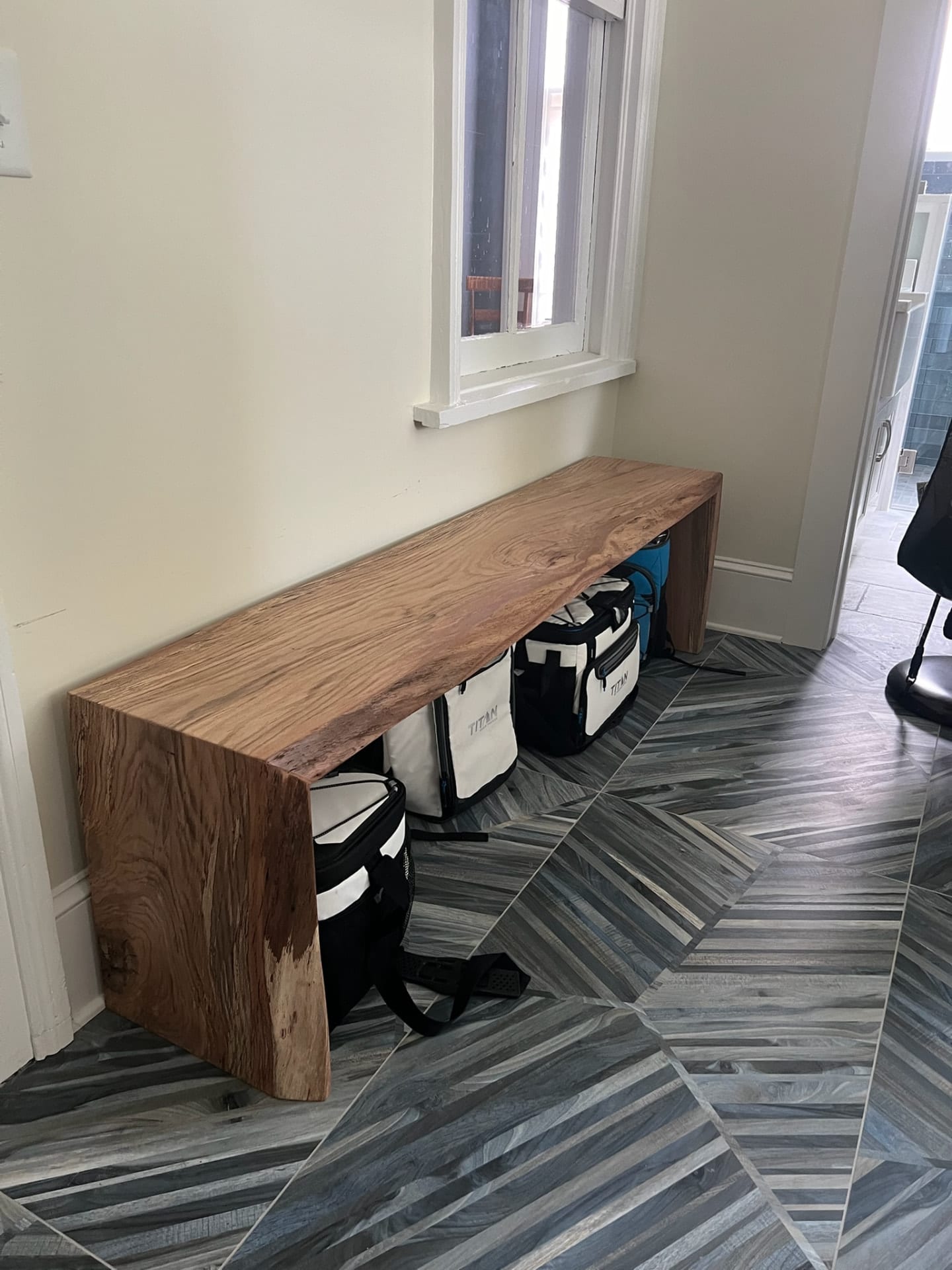 Waterfall live-edge entry bench