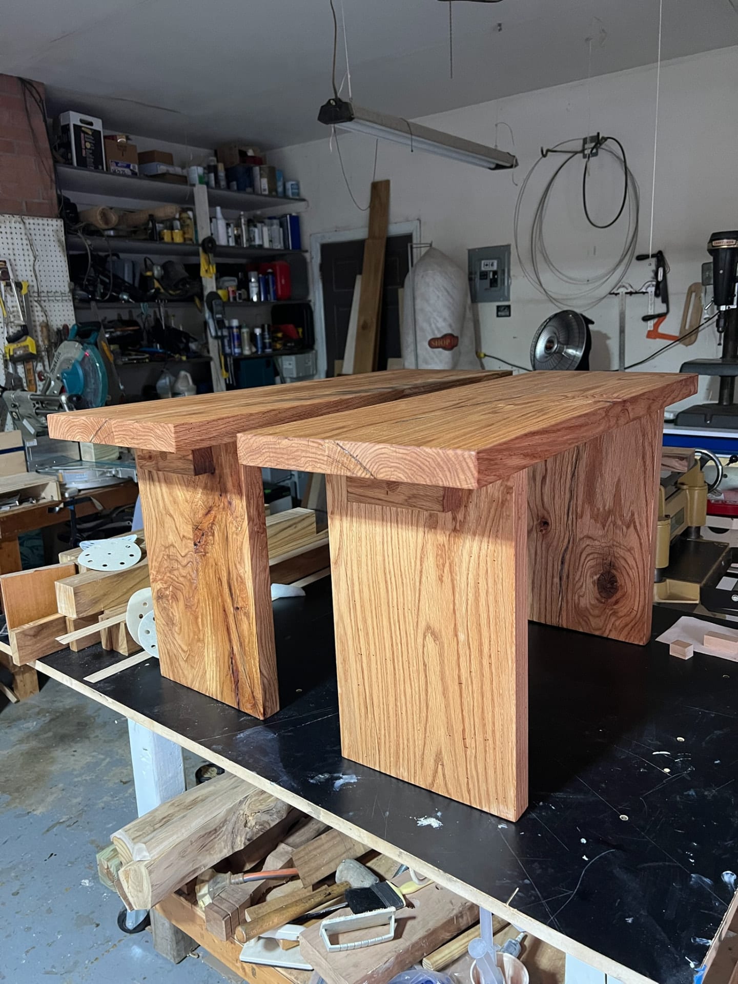 White oak slab bench pair