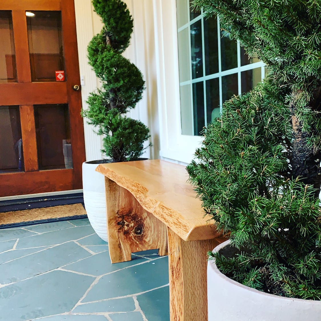 Live-edge oak porch bench