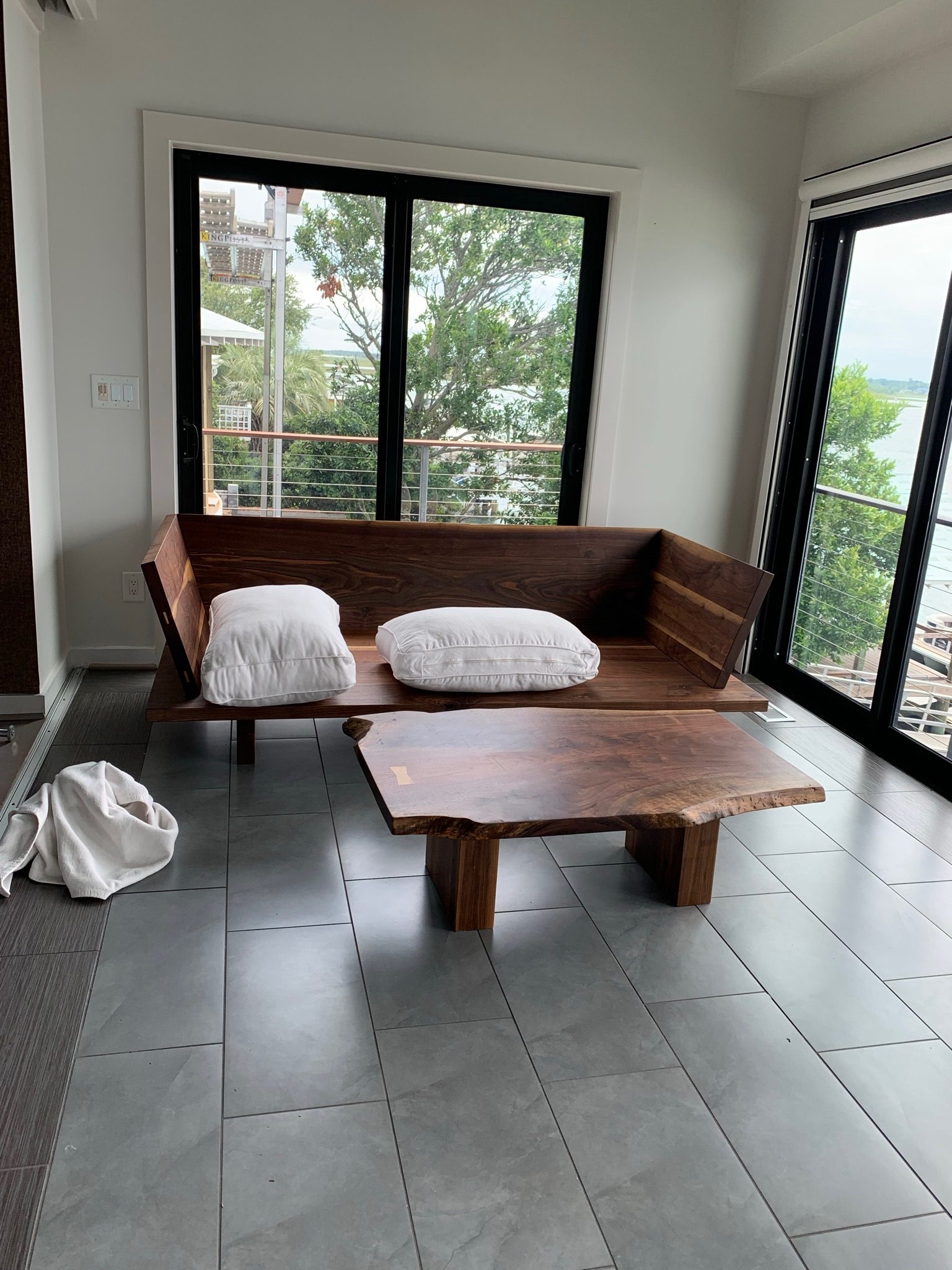Live-edge walnut coffee table with bench