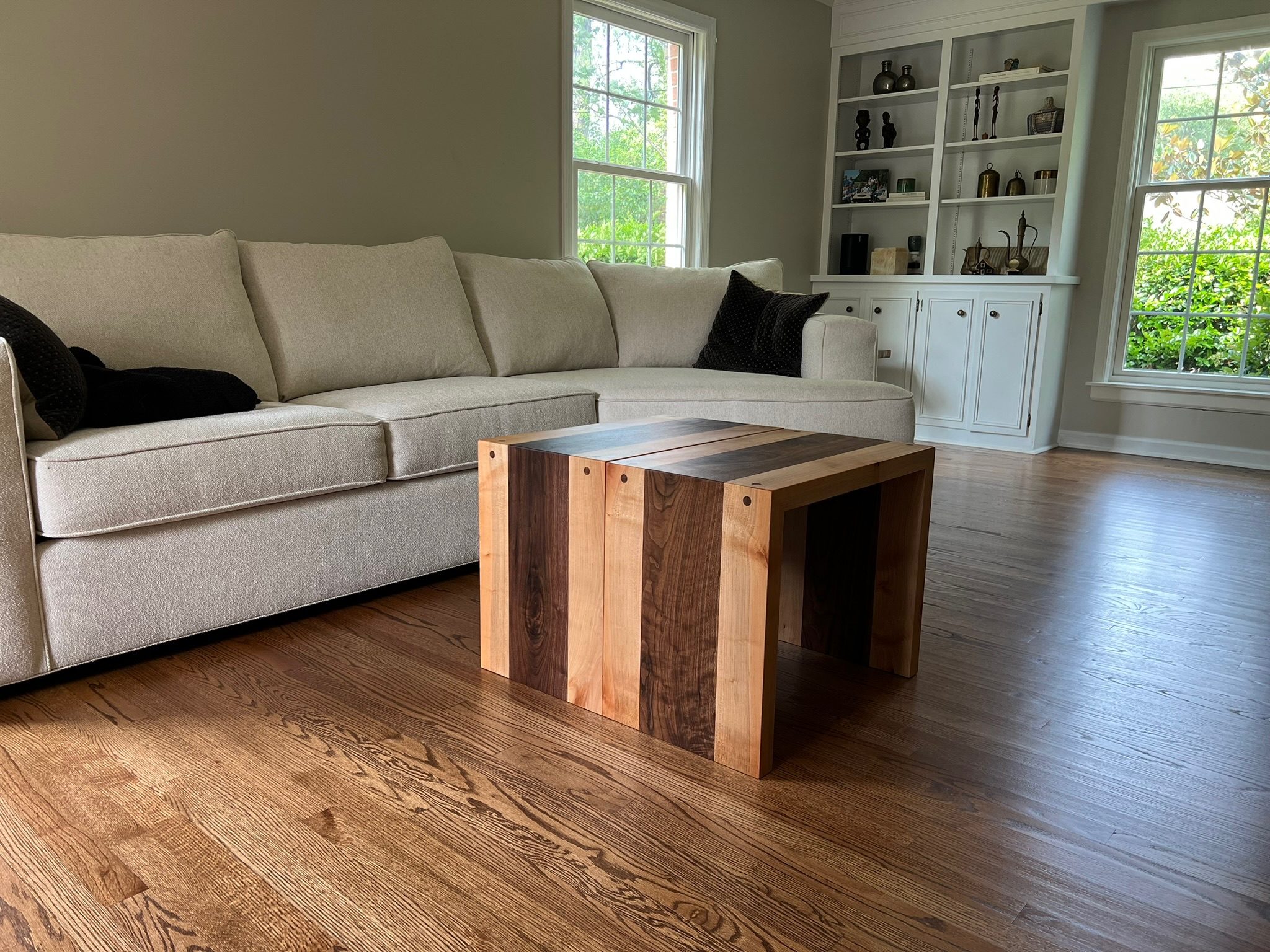 Walnut & maple striped coffee table