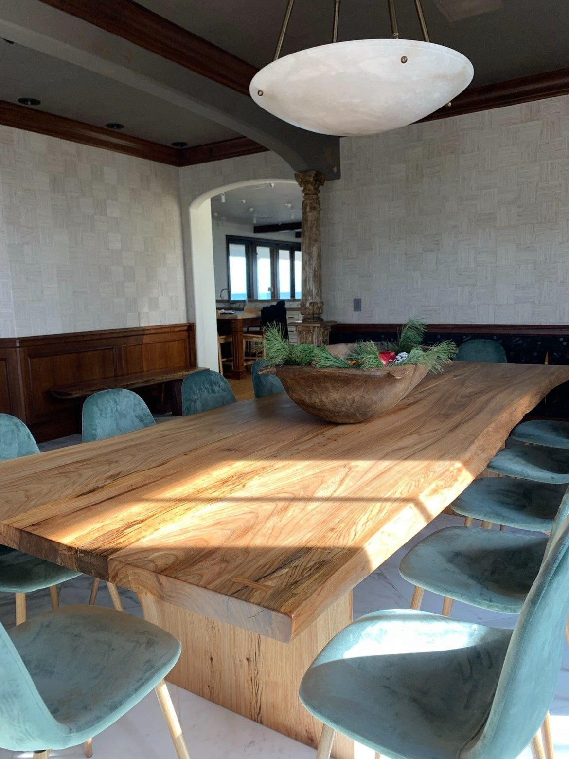 Golden oak dining table with block legs
