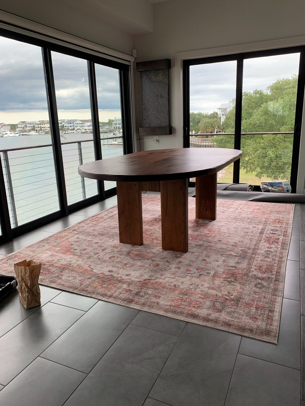 Dark walnut farmhouse trestle table